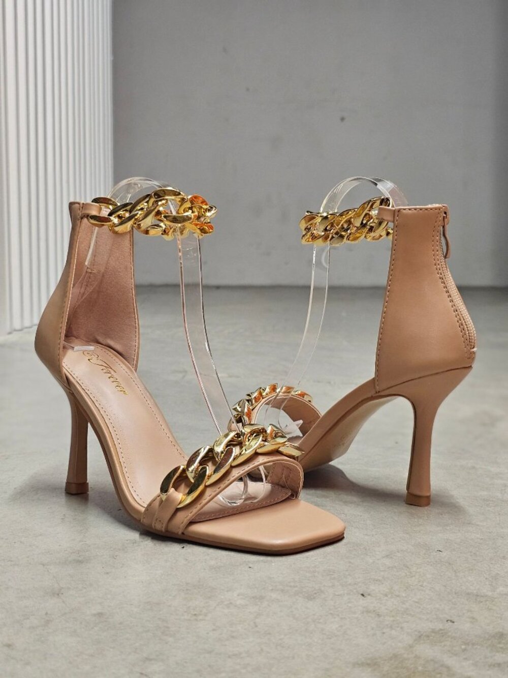 Gold Chain Embellished Nude Stiletto Heels With Ankle Strap - Sleek & Elegant Op - Picture 4 of 14